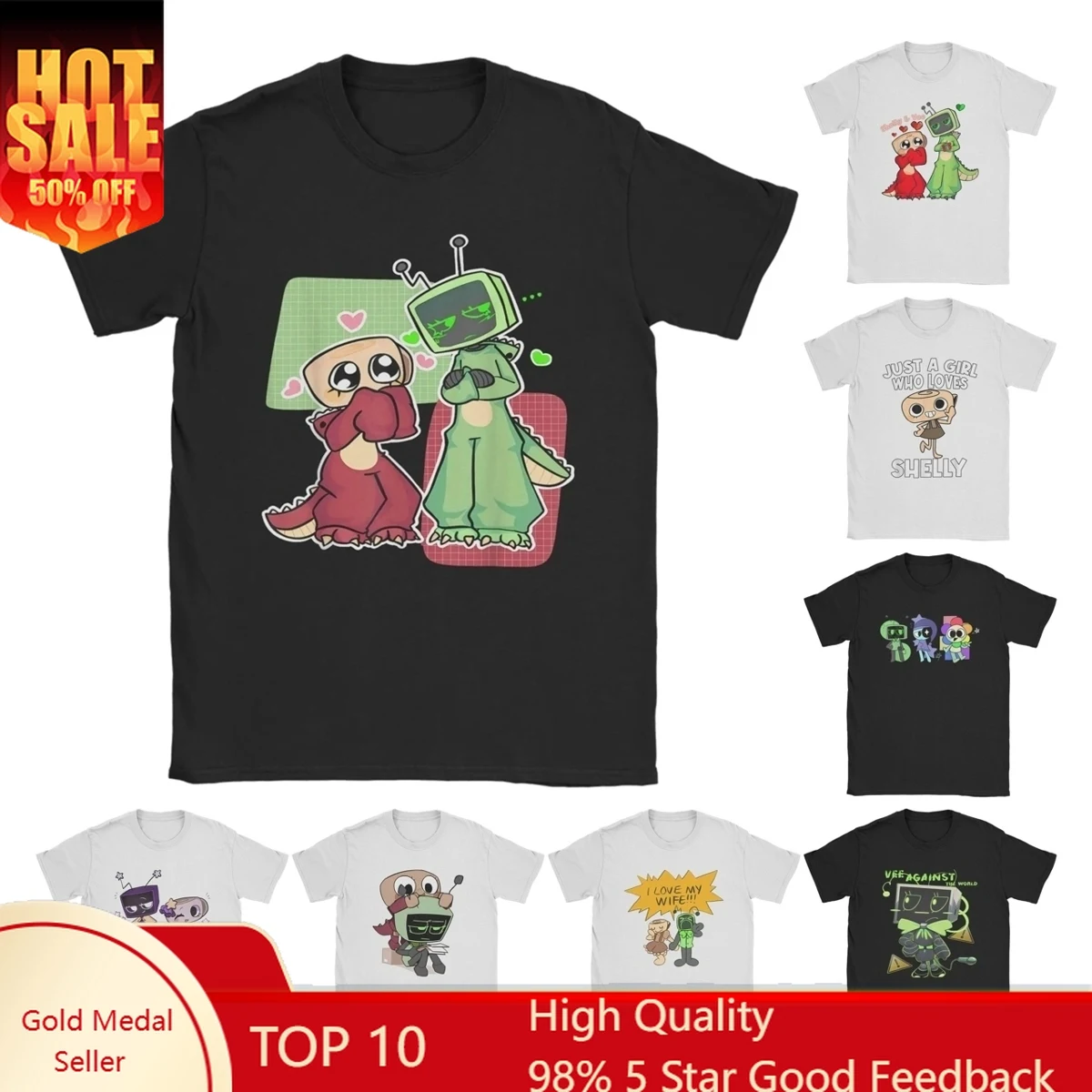 

Hipster Vee And Shelly From Dandy's World T-Shirt for Men Crew Neck Cotton T Shirts Cartoon Short Sleeve Tees 6XL merchandise