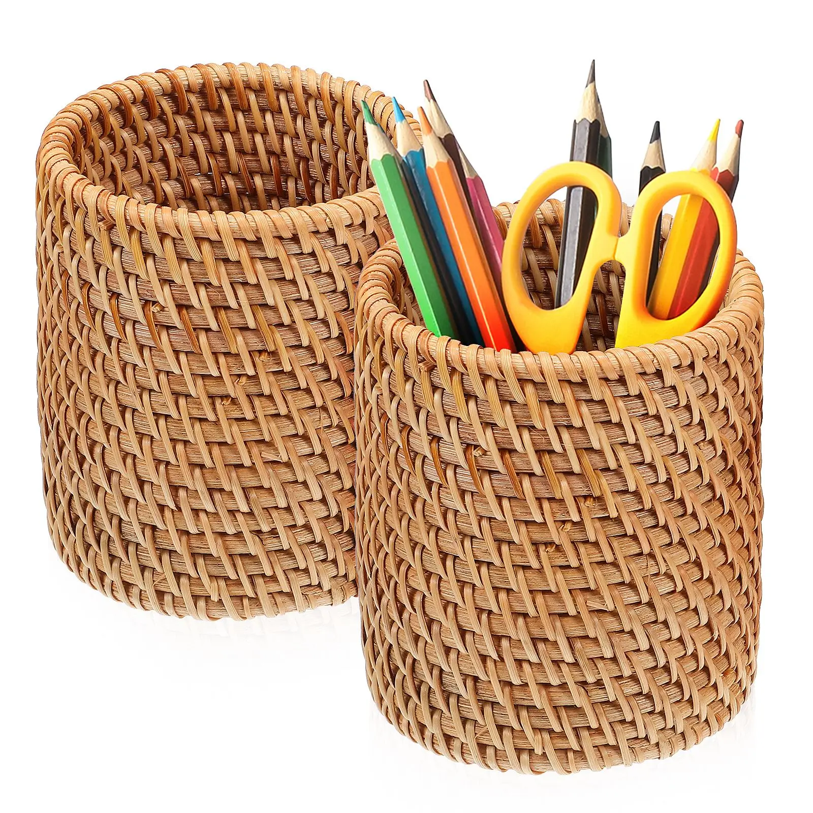 2 Pcs Rattan Pen Holder Diameter 8cm Height 10cm Office Organizers Makeup Brush Canister Woven Wooden Storage Pencil Holders