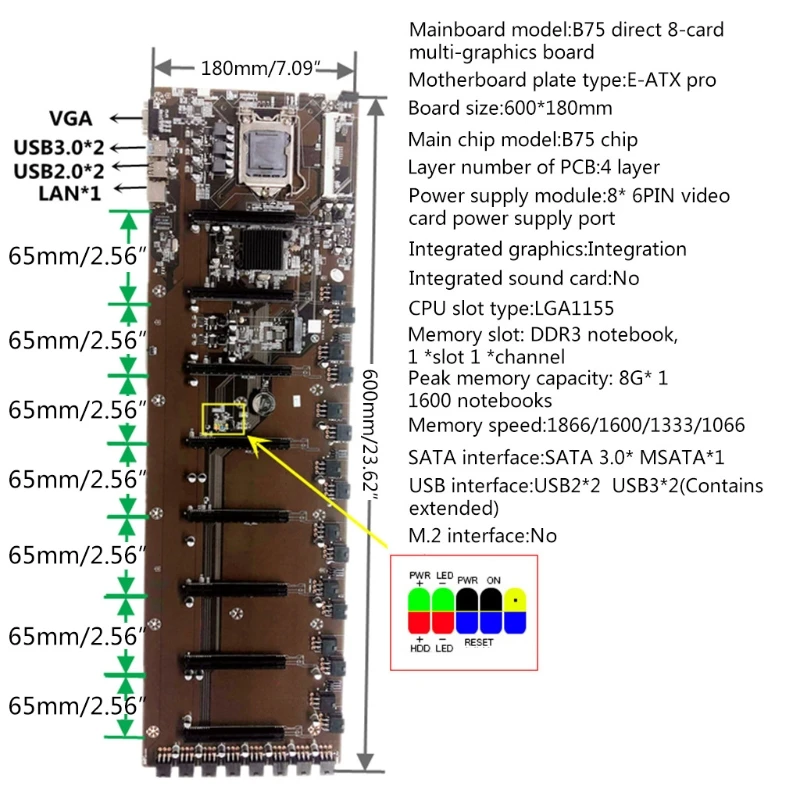 Imagem -06 - Bitcoin Motherboards para Mineiro Btc Mainboard Chipconjunto Vga Compatível com Hdmi Gpu 8pci-e Mineração Mainboard B75