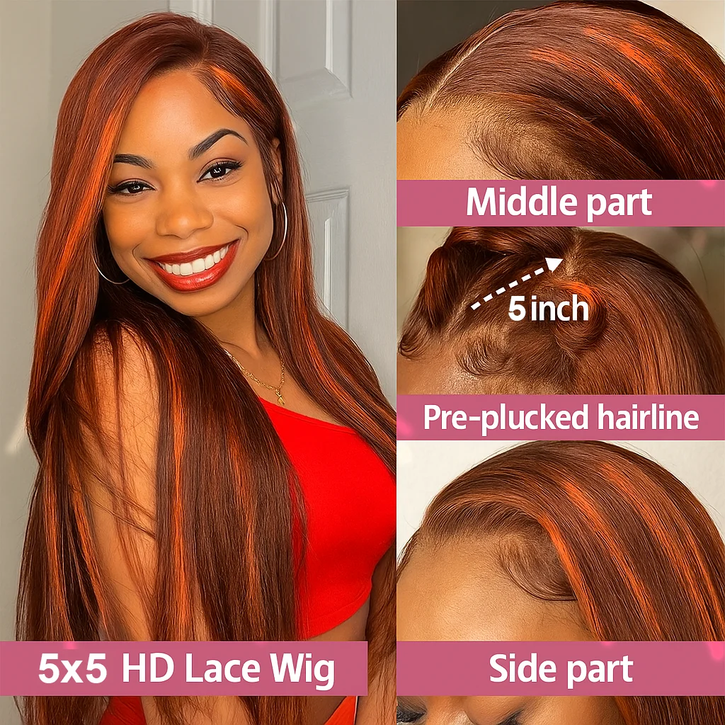 Wig Rambut Asli Highlight Lace Front Warna Ginger Orange Gradasi Lurus Tanpa Lem 5x5 Bleached Lace Wig Rambut Asli Berwarna