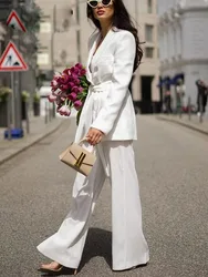 2023 Women Pants Suit Long Sleeve With Belt Blazer Coat + High Waist Baggy Pants Female Casual Loose Office Lady Street