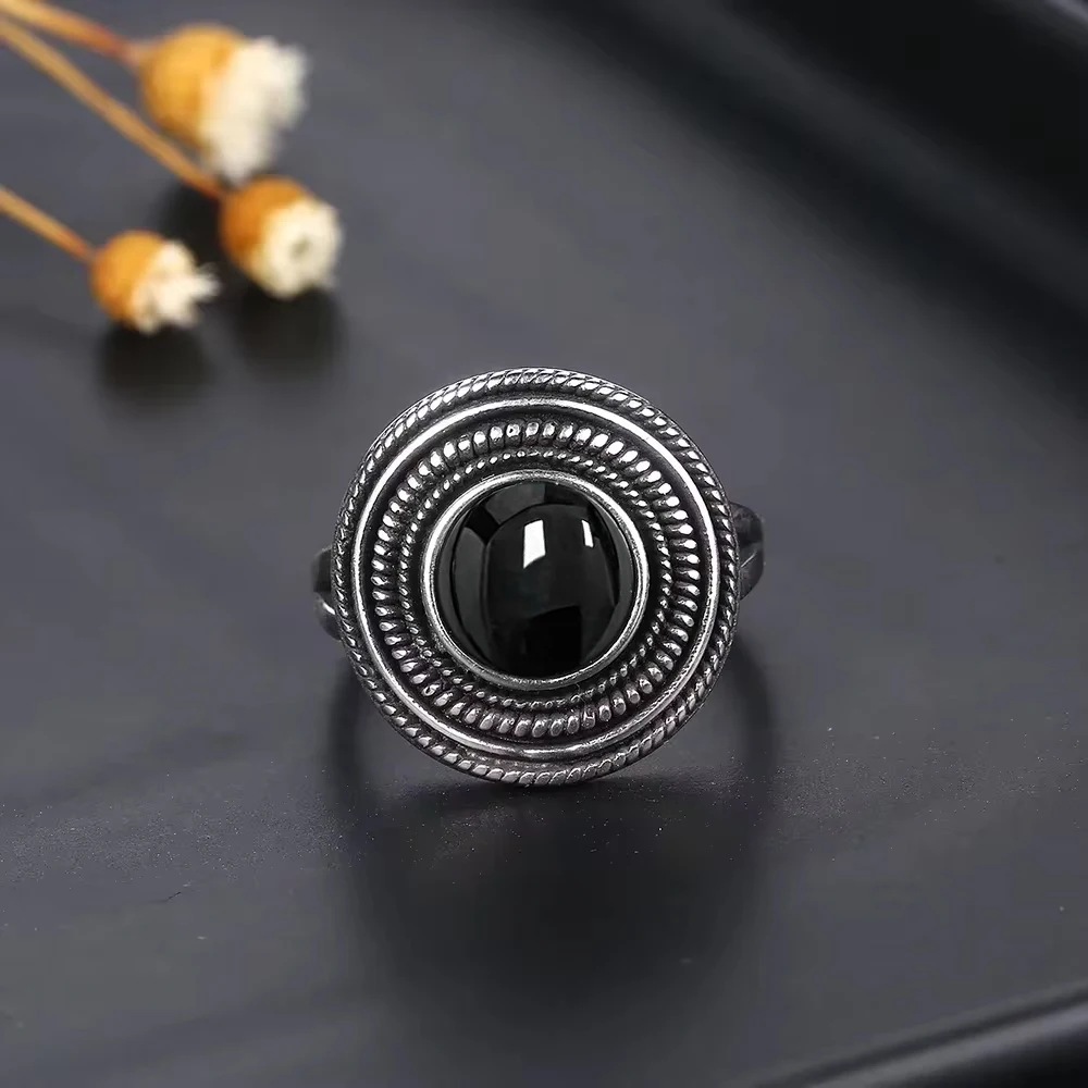 925 Sterling Silver Natural Black Agate Jewelry Round 8mm Labradorite Vintage Rings for Women Gift Fine jewelry