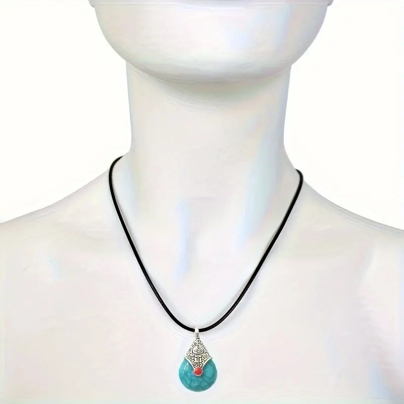 Retro classic Antique silver color blue Turquoise Decor teardrop shape pendant Necklace