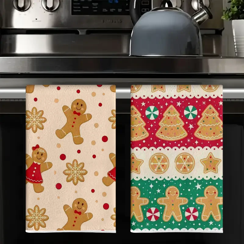2Pcs, Gingerbread Family Kitchen Towels, 40Cm*60Cm Towel Set, Super Absorbent Soft Cleaning Cloth, Cooking and Baking Tea Towel, Hand Towel, Cleaning Cloth, Dishcloth, Kitchen Decoration, Living Room Decoration, Kitchen Essentials, Home Essentials