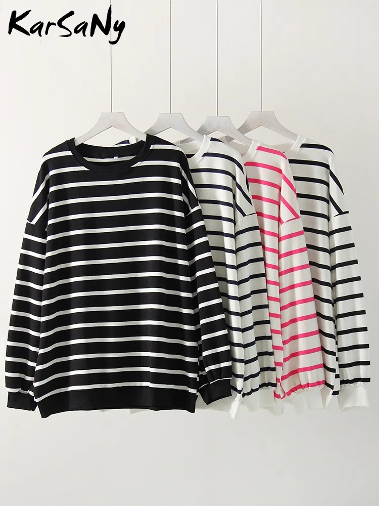 Oversized Striped Pullover For Women Autumn Casual Loose O-neck Long Sleeves Sweatshirts Women's Clothing Sales Lady Outerwears