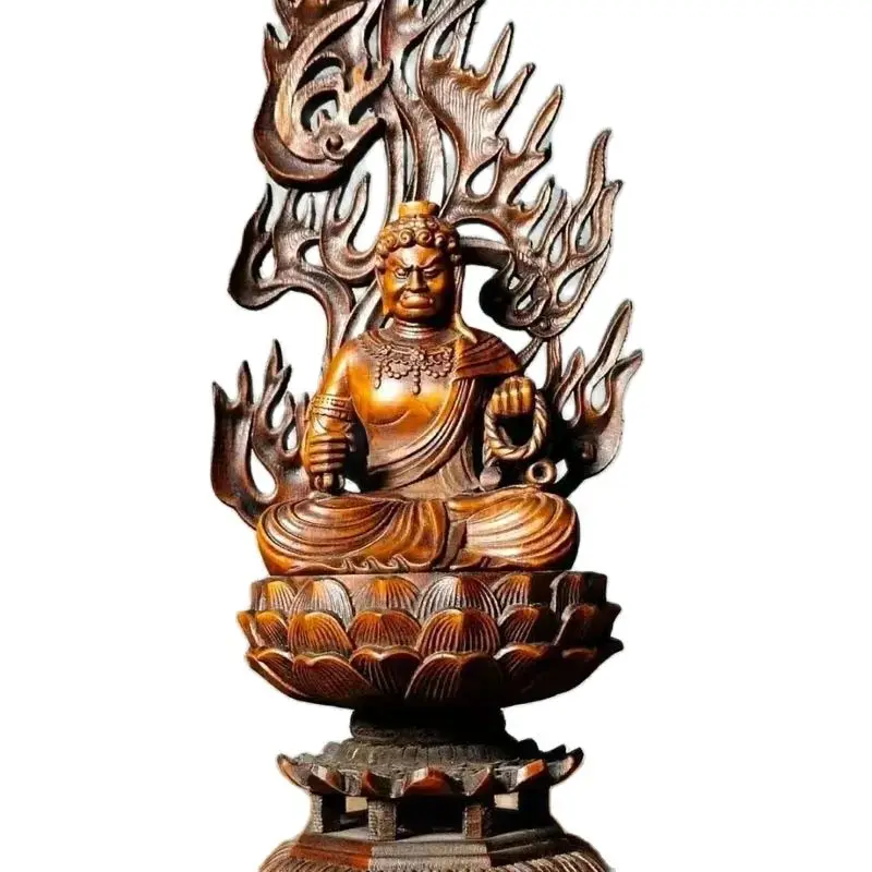 Old Boxwood Wood Carved Japan Fudo Myo-o、/ Acalanatha Buddha Lotus Statue