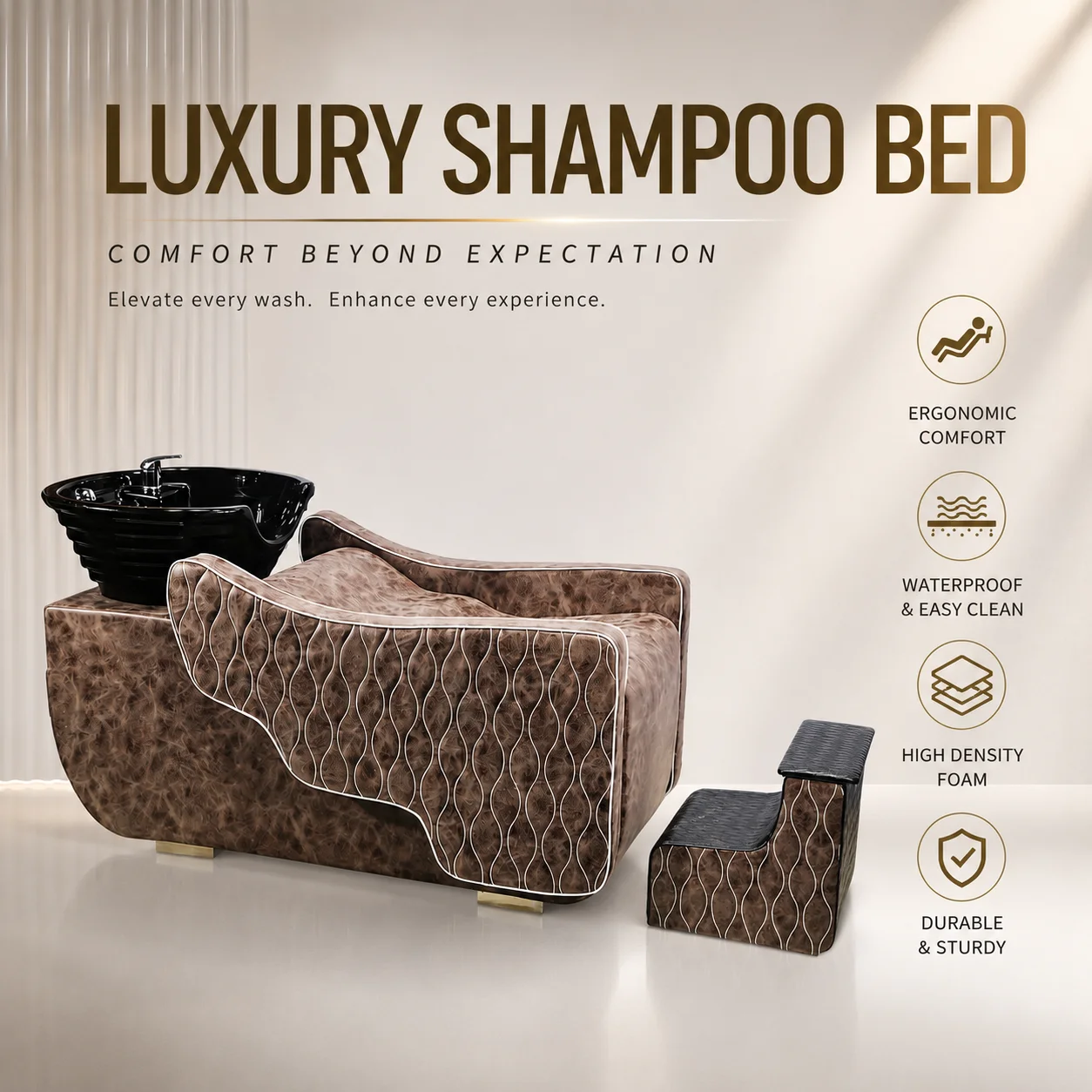Luxury Shampoo Backwash Unit Salon Shampoo Bed Professional Hair Washing Station Ceramic Basin With Footrest Chair