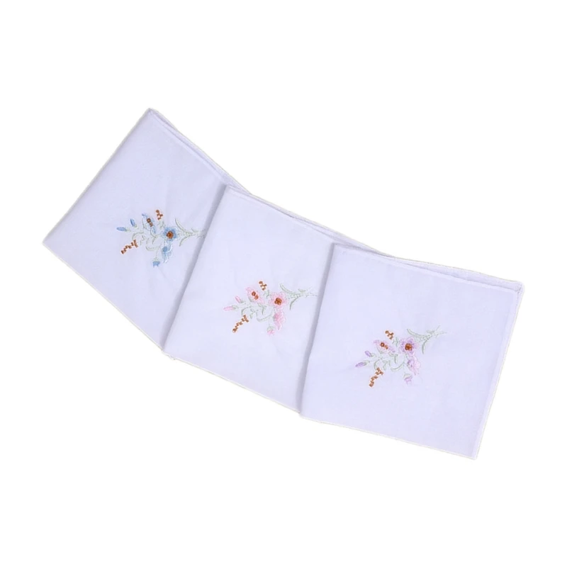 Pack of 3 28x28cm Embroidery Flower Handkerchief for Woman Gentleman Practical Handkerchief Random Type Handkerchief