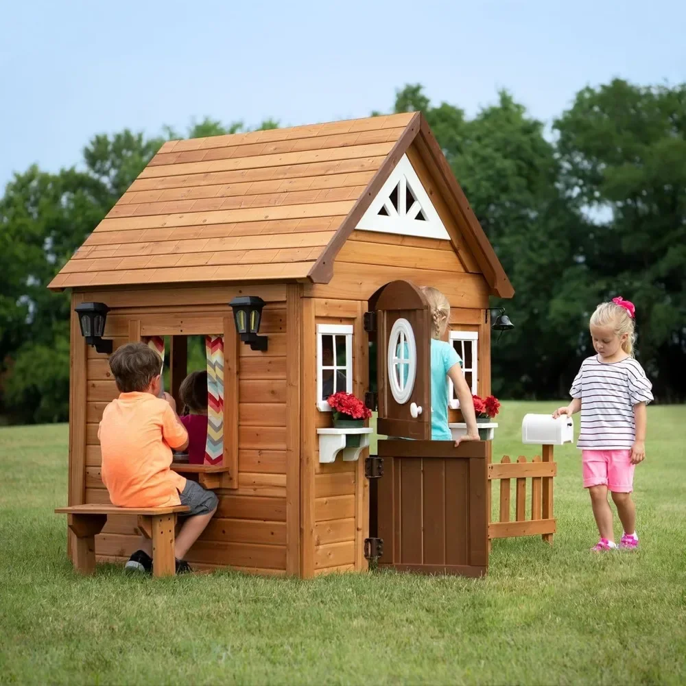 Wooden game house, Dutch front door, flowerpot rack,stove, sink,plastic food, doorbell, mailbox, outdoor light with picnic stool