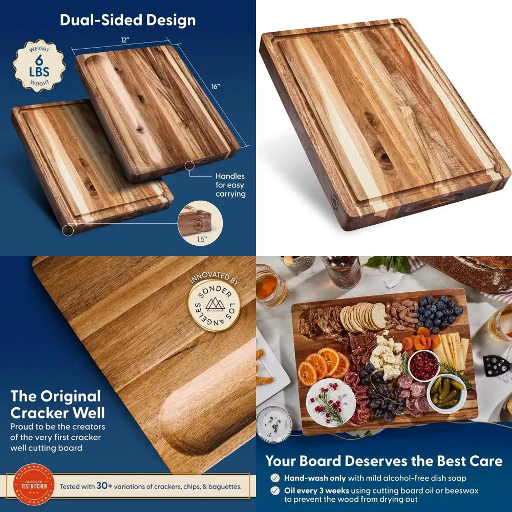 

Eco-Friendly Acacia Wood Kitchen Chopping Board with Juice Groove and Sorting Tray, 16x12x1.5 inches (Gift Boxed)