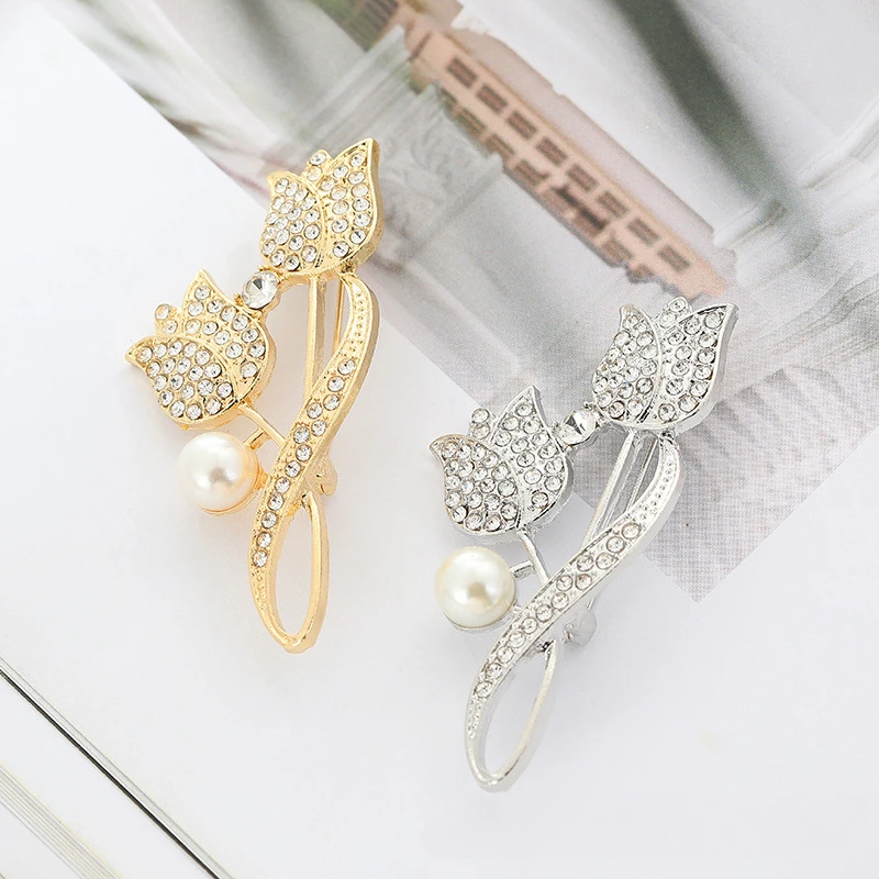 

Rhinestones Pearl Tulip Brooch For Women New Luxury Pin For Women