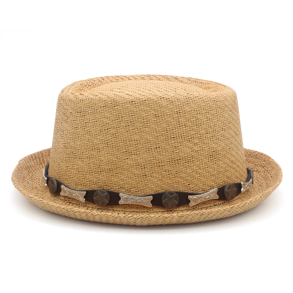 Men Women Straw Pork Pie Hats Summer Sunhat Boater Caps Sailor Sombrero Beach Fedora Trilby Outdoor Travel US Size 7 1/4 UK L