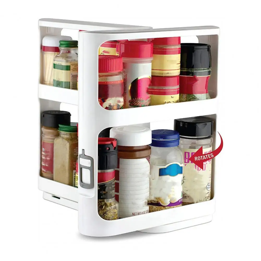 Kitchen Rotating Storage Stand Pull And Rotate Spice Rack Double Layers Non-Skid Base Shelves Cabinet Caddy Organizer