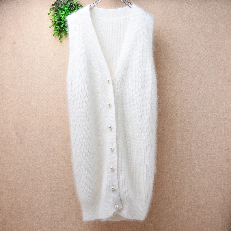 

Женская осенне-зимняя одежда Mujer, белый модный вязаный свитер из ангорских волос с v-образным вырезом без рукавов, средней длины, жилет