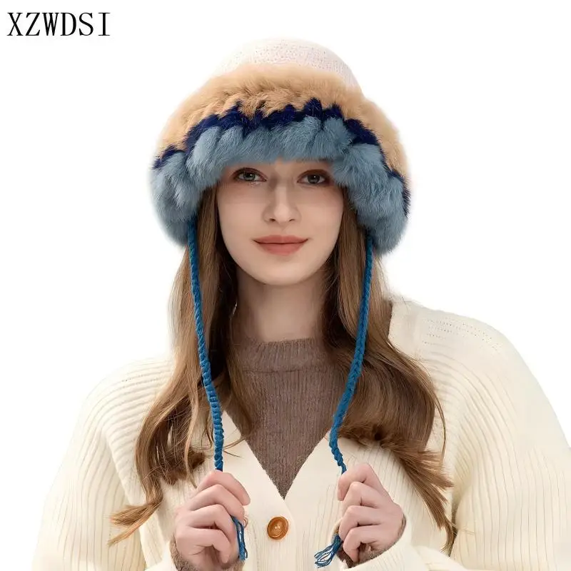 Cheap Sale Winter Rabbit Fur Trim Hat Women Wool Blender Knitting Beanie Hats