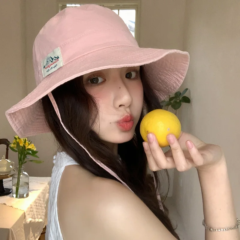 

Korean Version Sweet Pink Strap Bucket Caps Show Face Small Spring and Summer Fashion Big Brim UV Protection Sun Hats Women