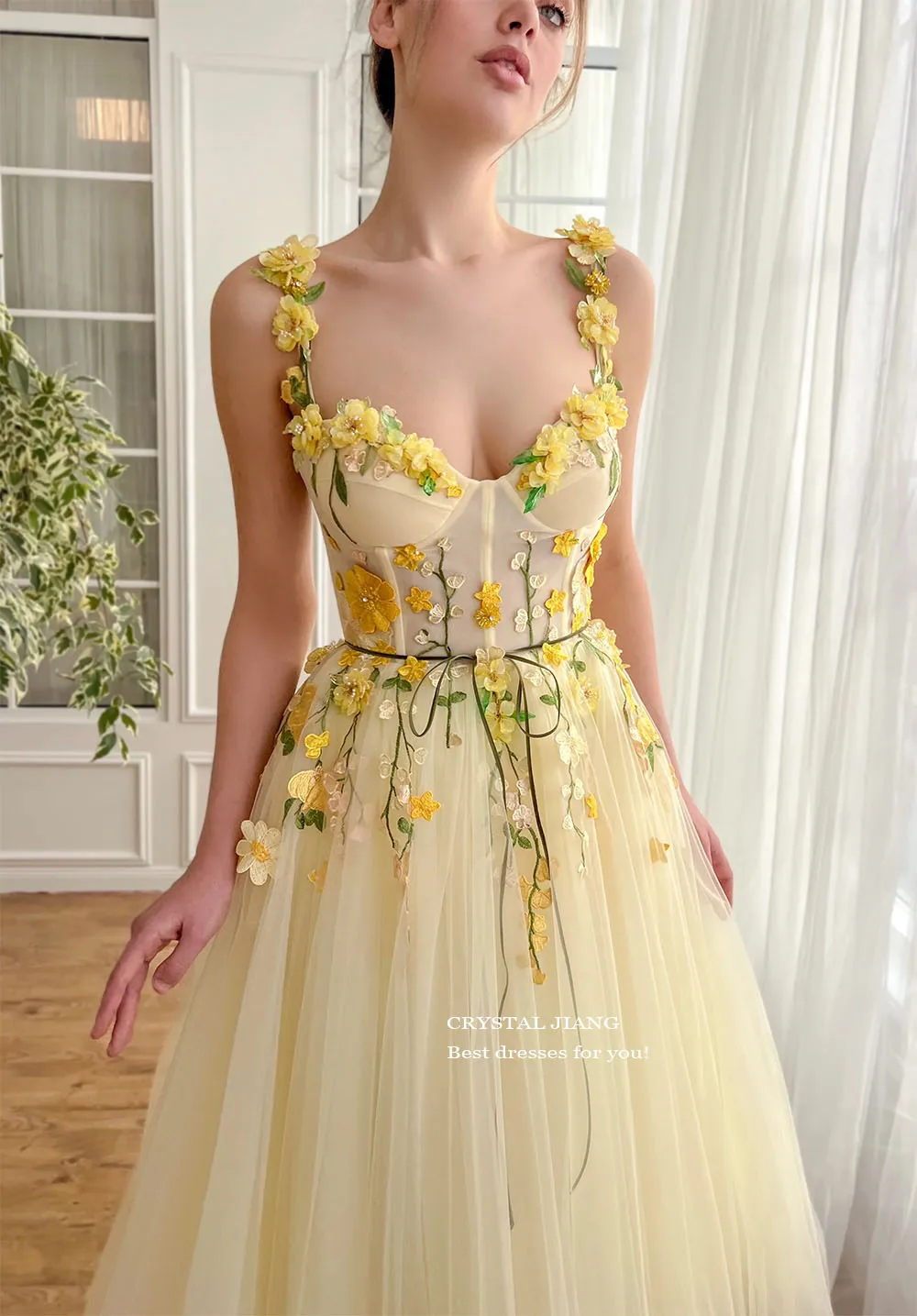 Spaghetti Straps A Line Prom Dresses 3D Handmade Flowers Ankle Length Short Formal Yellow Tulle Party Dress