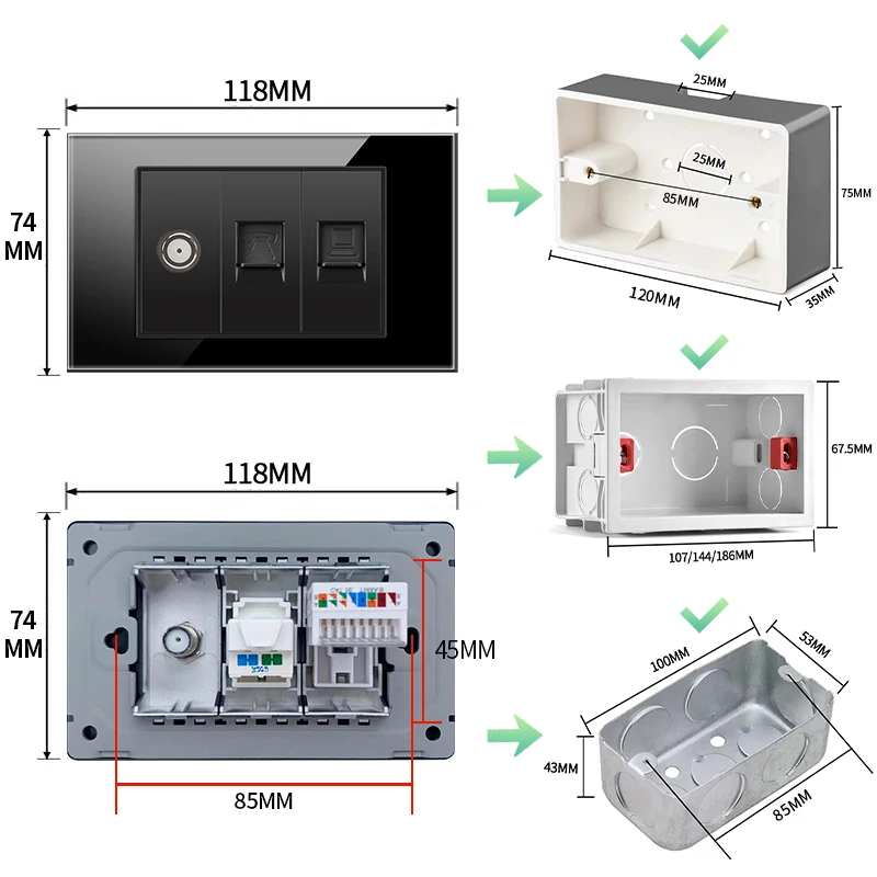 PSSRISE Brazil Mexico US TV TEL Computer Socket with 5V 2.1A USB Type-c Charger Tempered Glass Panel Wall Power Outlet 118*74mm