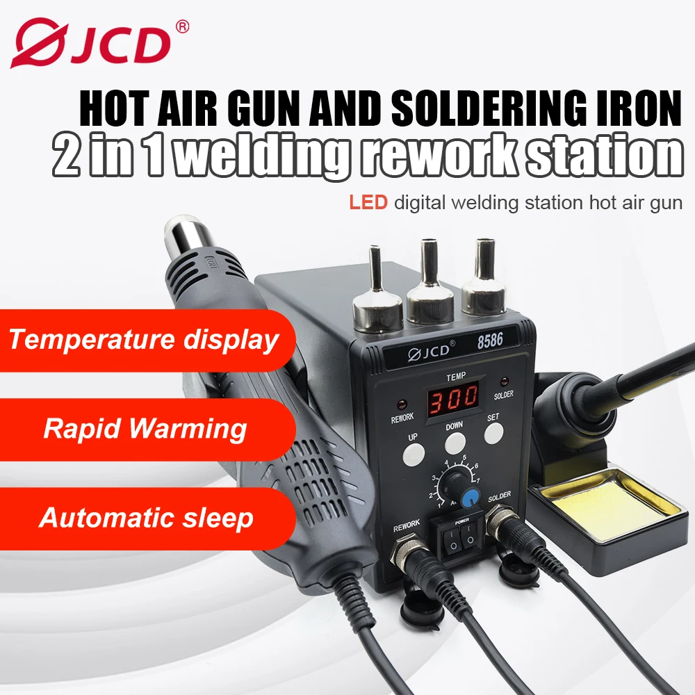 

JCD 8586 Soldering Station 750W 2 in 1 Digital Display Rework Hot Air Gun Solder Iron Welding IC SMD Desoldering Repair Tools