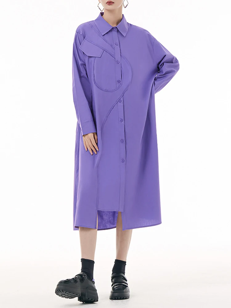 [EAM] Women Purple Irregular Spliced Big Size Shirt Dress New Lapel Long Sleeve Loose Fit Fashion Spring Autumn 2025 1DH0654