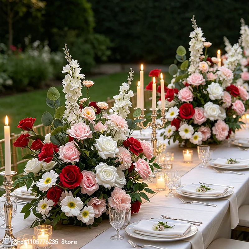 Künstliche rote, rosa, weiße Rosen, Pfingstrosen, Rittersporn, Hochzeitstisch-Mittelstück, Blumenarrangement, Bankett-Esstisch, Heimdekorationsstück – Detail 4
