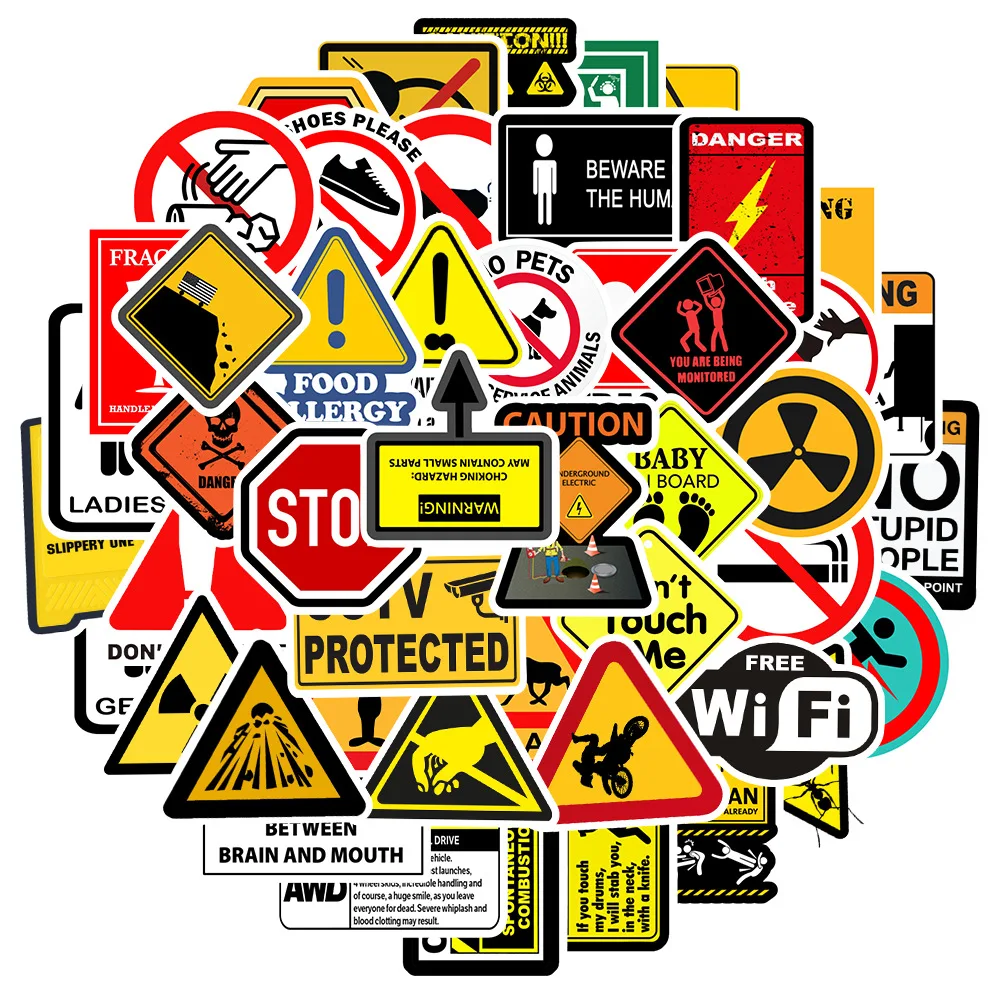 50PCS Warning Stickers Danger Banning Skateboard Fridge Guitar Laptop Motorcycle Travel Classic Toy Cool Decals Sticker