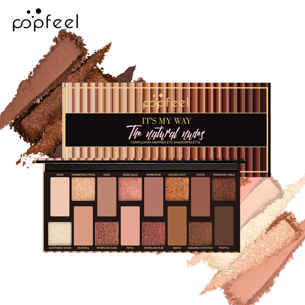 POPFEEL Makeup Nude Colors Eyeshadow Palette Natural Nude Matte Shimmer Glitter Pigment Eye Shadow Pallete 16 Colors