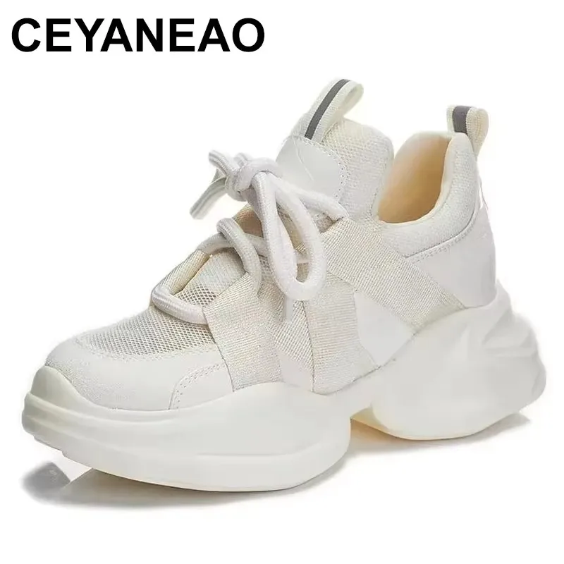 

2025 Dad Shoes Chunky Sneakers Casual Vulcanized Shoes Woman High Platform Sneakers Femme Lace Up Black White Sneakers