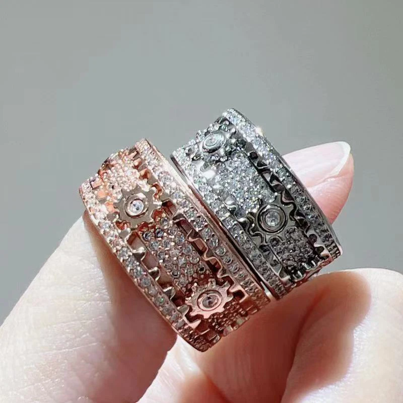 Stainless Steel Gear Wheel Style Ring CZ Zircon Rotating Relieve Stress Artifact Circle For Men Women Unisex-Adult Ring Jewelry