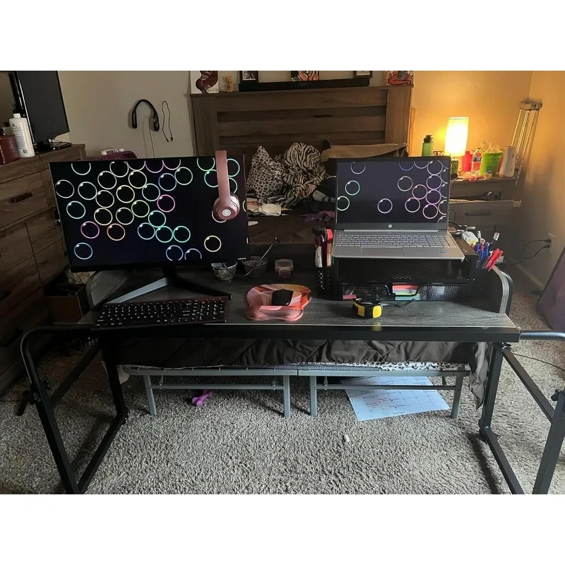Table with 360° Wheels, Queen Size Mobile Bed Desk, Recliner Table Over Bed Table Adjustable Height and Length Overbed T