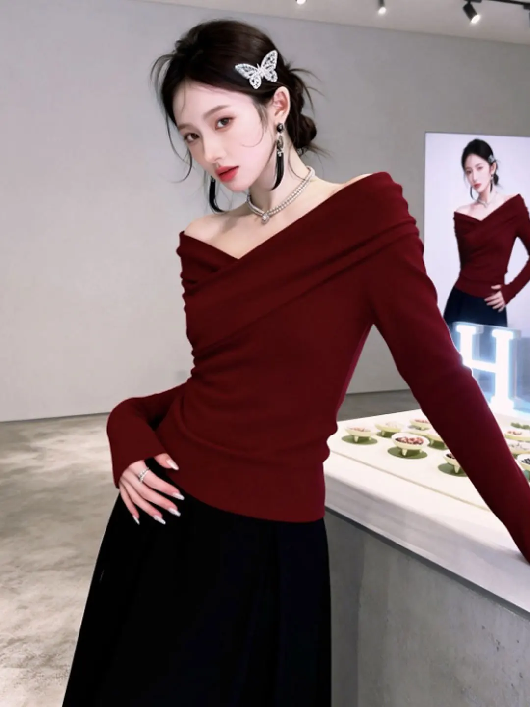 

Вязаный свитер в стиле ретро Sli для похудения на одно плечо, мягкий слэ, модный, весна 2026, женский длинный свитер из смеси хлопка