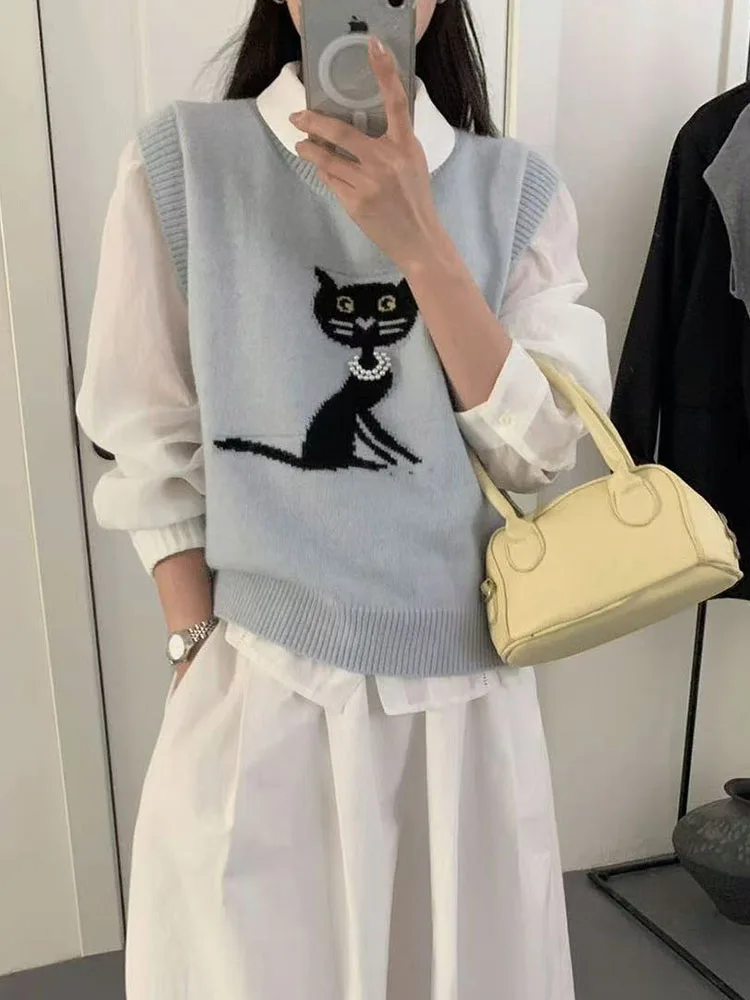 

Вязаный жилет с мультяшной вышивкой, женский круглый свободный многослойный жилет Ne Svel, модный жилет