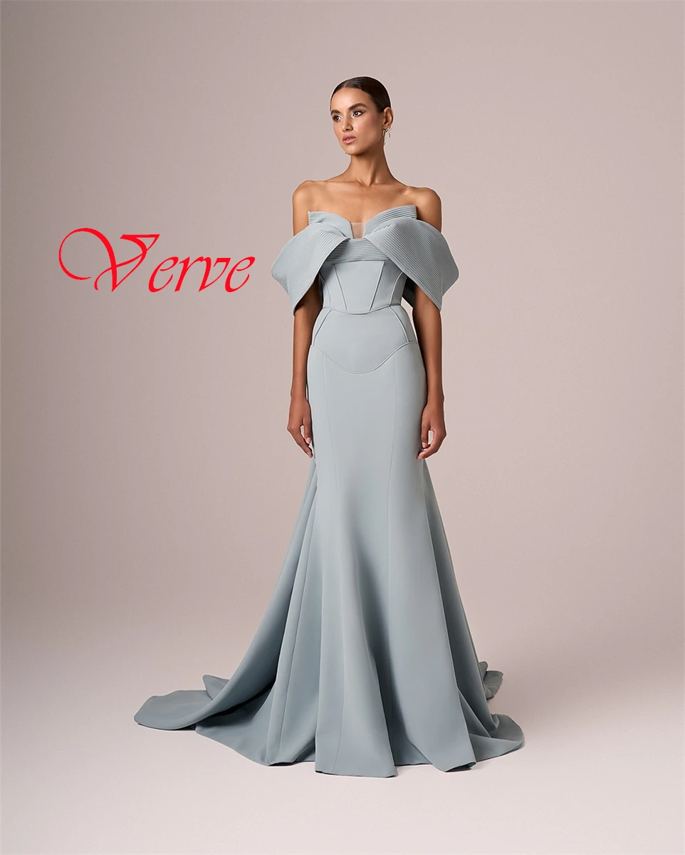

Customized Classic Light Blue Jersey Evening Dress Delicate Strapless Off the Shoulder Short Sleeves Zipper Back Cocktail Dress