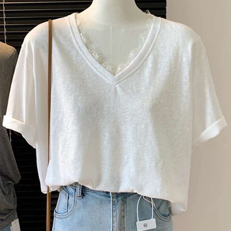 Pure Desire Style Lace Spliced V-Neck Tees for Women Summer Solid Short Sleeve T-Shirts Casual Loose Female Plus Size Thin Tops