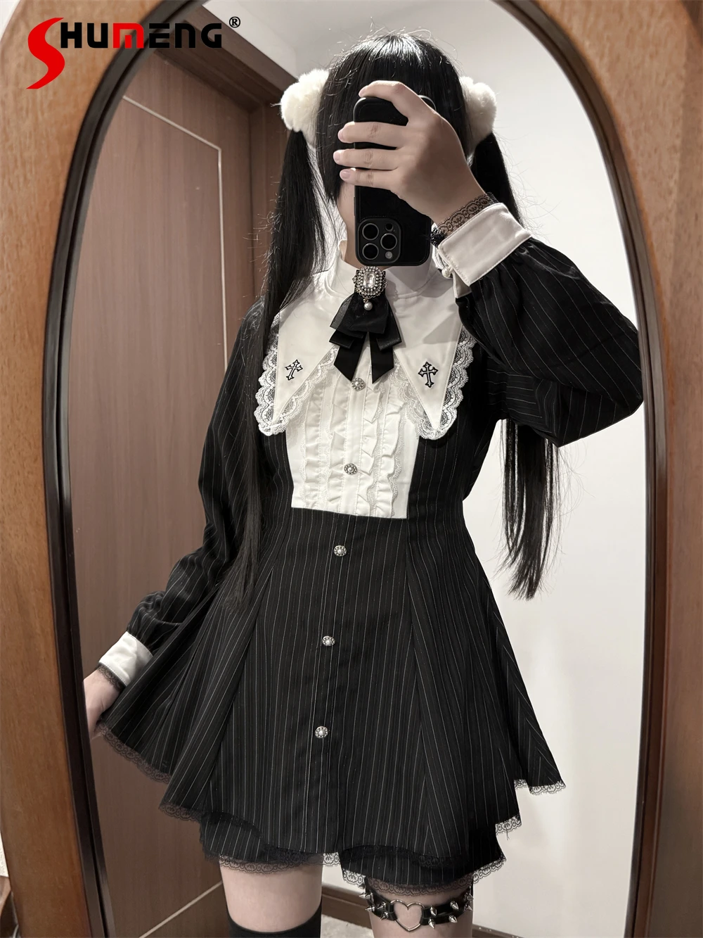 

Japanese Mines Style Mass-Produced Embroidered Polo Collar Long Sleeve Dress Elastic High Waist Shorts Two-Piece Set for Women