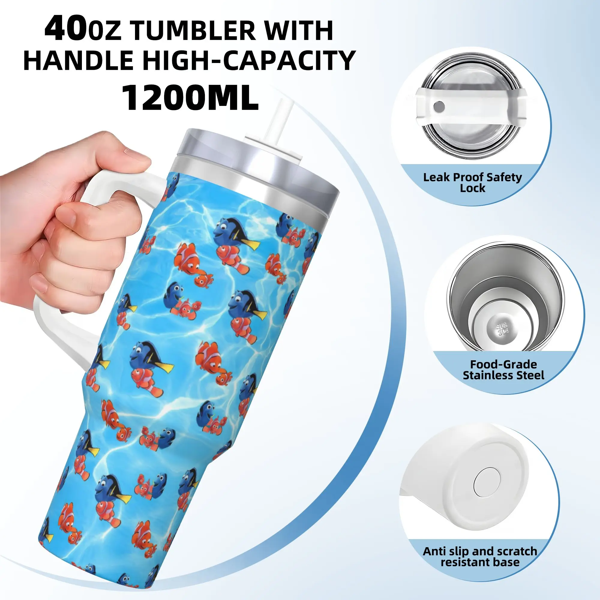 Custom Kawaii Finding Nemos Stainless Steel Tumbler  Travel Thermal Mug With Straws and Lid Large Mugs Cup Drinks Water Bottle