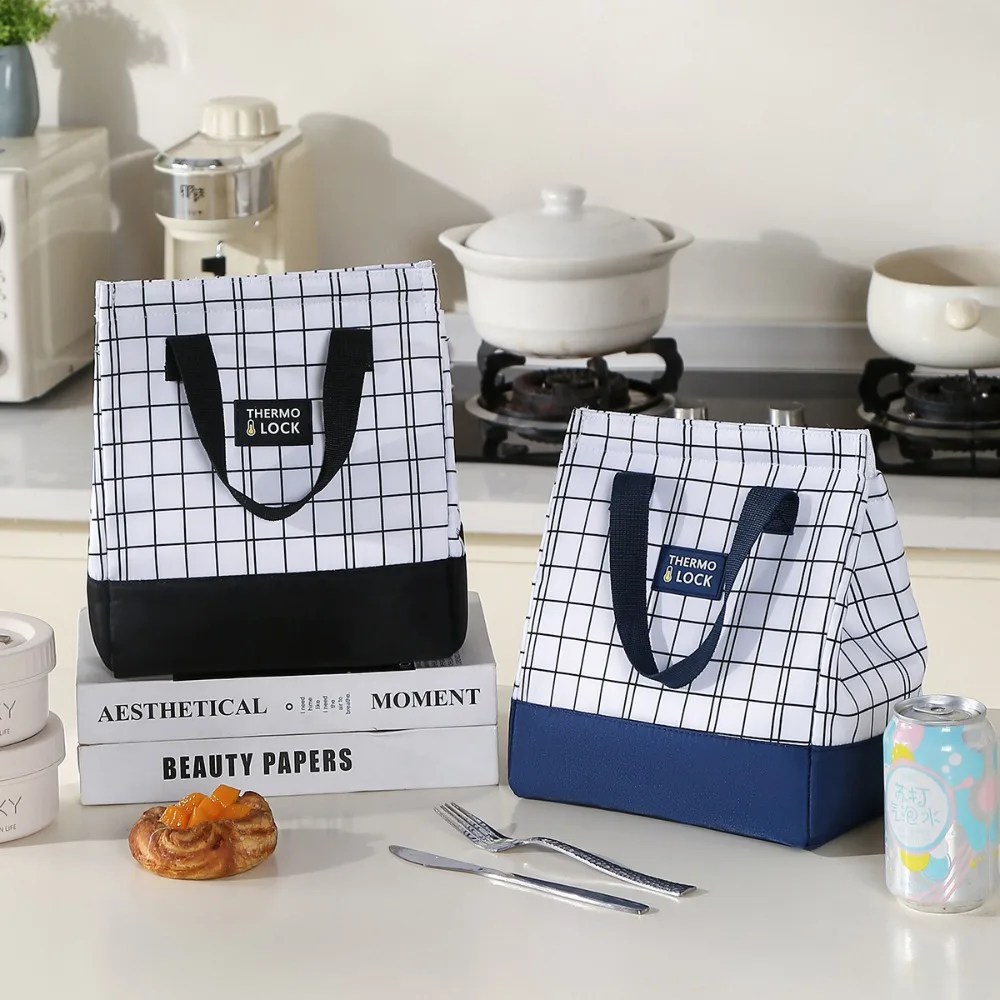 

2025 New Plaid Pattern Minimalist Meal Bag Hot-selling Large-capacity Insulated Lunch Box Bag Portable Portable Lunch Bag