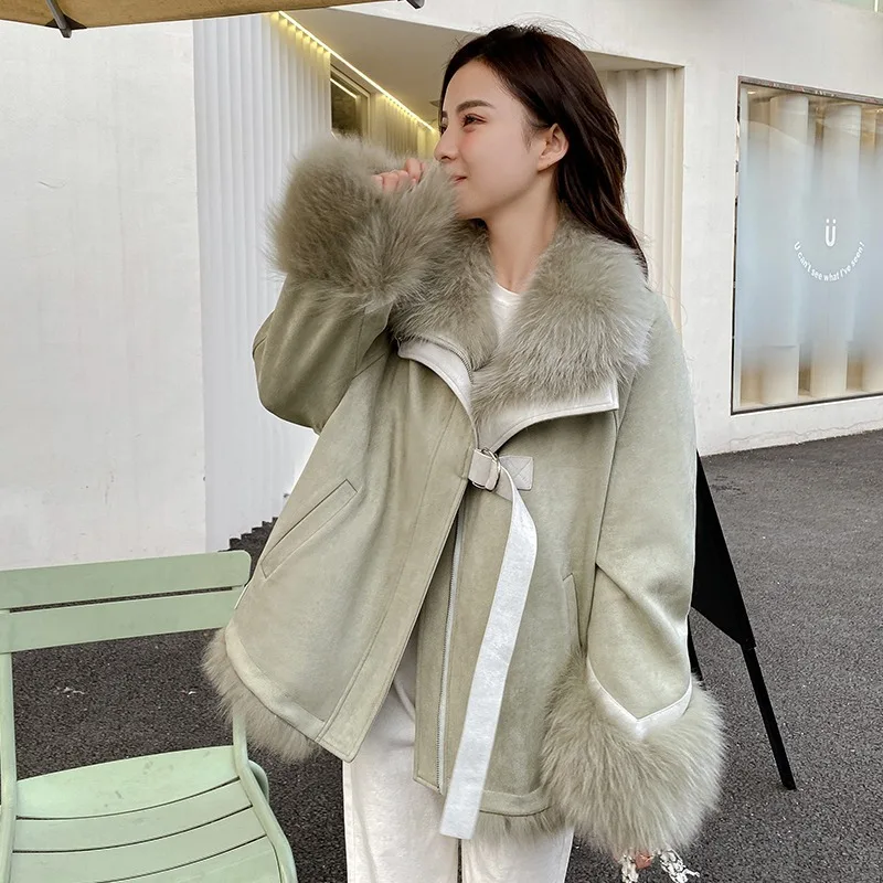 UMI MAO الجلد المدبوغ المرقعة الثعلب الفراء مبطن معطف للنساء منتصف طول نمط جديد جلد الغنم قطعة واحدة معطف المرأة فام