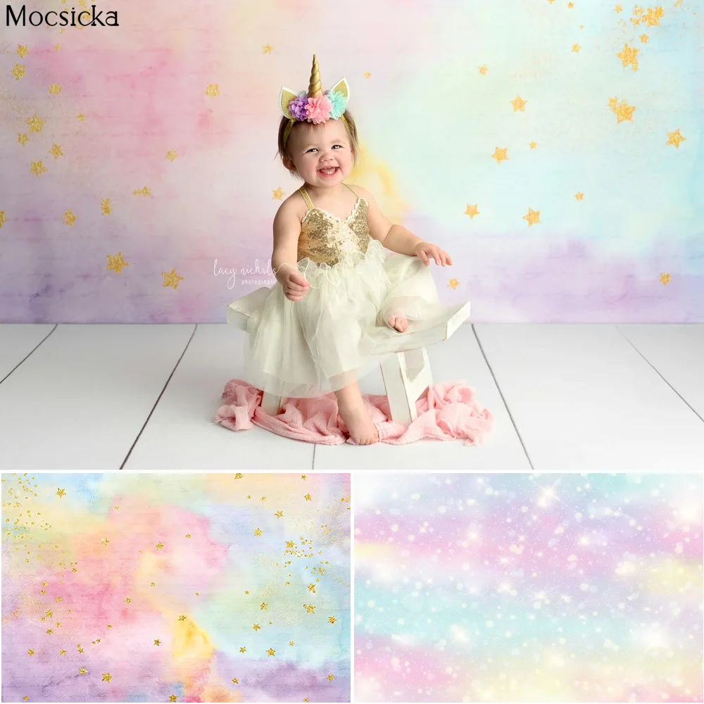 Décors de photographie d'anniversaire de princesse arc-en-ciel scintillants, étoiles dorées colorées, accessoires de fond de stand de studio photo, bannière de bokeh