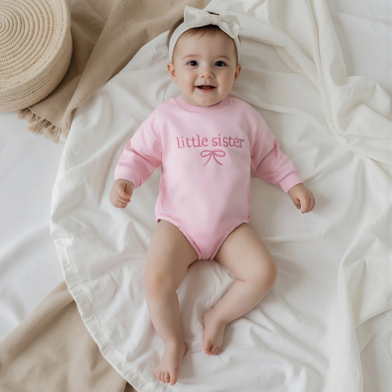Baby Girl Sweatshirt Romper Long Sleeve Crew Neck Bow Letter Embroidery Bodysuit Cute Baby Spring Outfit