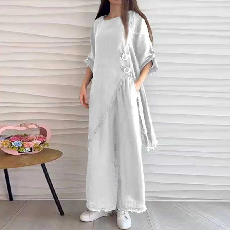 Vintage Clothes Women 2024 Spring Round Neck Side Slit Long Top & Long Pants Outfit Set Summer Solid Half Sleeve Irregular Suits