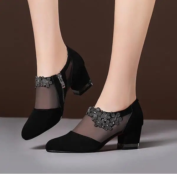 Summer Women High Heel Shoes Fashion Mesh Breathable Pumps Pointed Thick Heels Female Dress Shoes Rhinestone Elegant Footwear