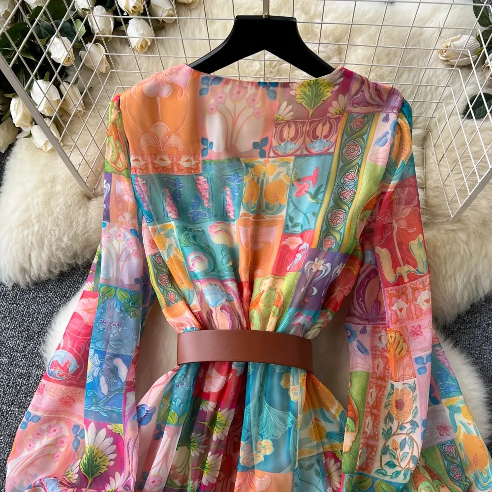 Retro v neck Lantern Sleeve ruffle chiffon Elegant summer  Dress A-line Flare Sleeve Vacation print Women Vestidos dresses