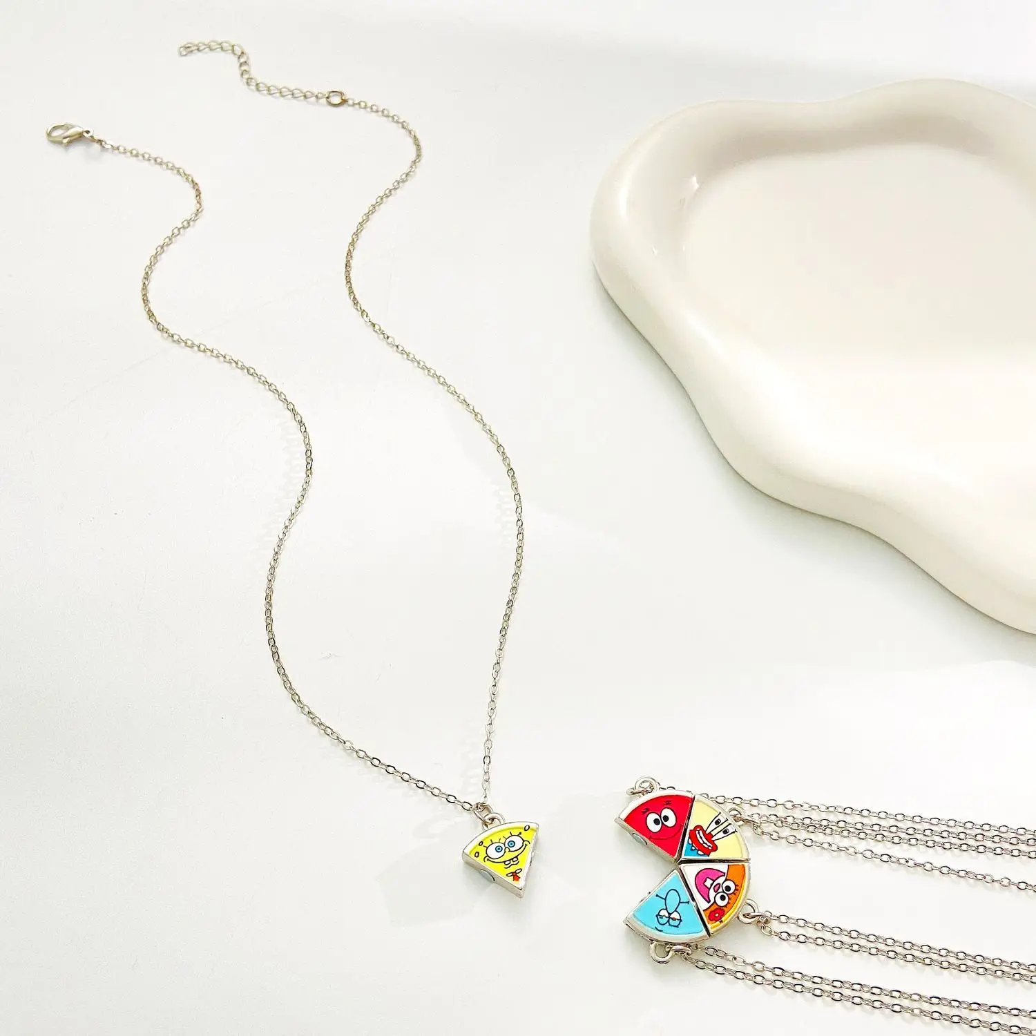 Cute Patrick Star Pizza Magnet Split Necklace SpongeBob Matching Couple Pendant Chain Lovely Cartoon Gift for Best Friends - view 4