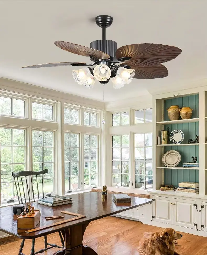 American Electric Ceiling Fan Lamp European Retro Style with LED Light Remote Control for Dining Room Living Room DC Reversible