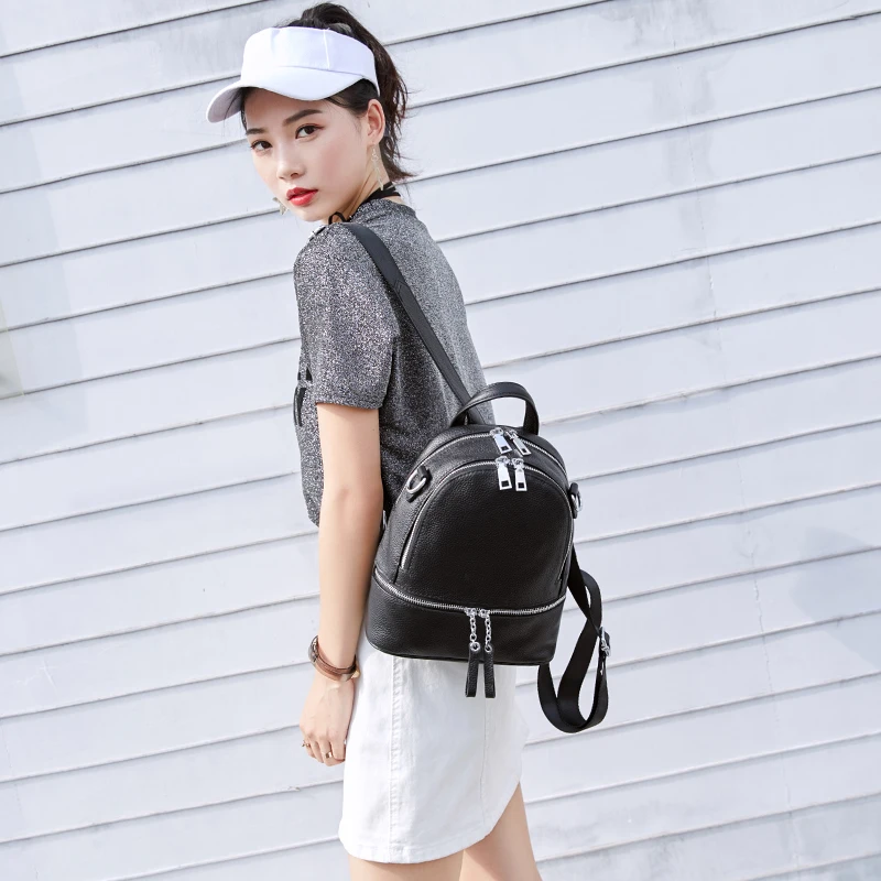 ZENCY Silver Meatal Hardware 100% Genuine Cow Leather Women Backpack Lady Girl First Layer Cowhide Book Bag Style Knapsack Purse