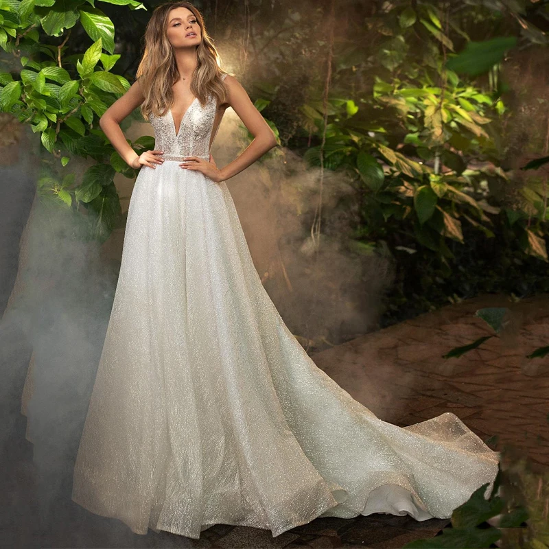 

Simple V Neck Lace Backless Sequined Tulle Pleats A-Line Wedding Dress Bridal Gown Vestido De Noiva
