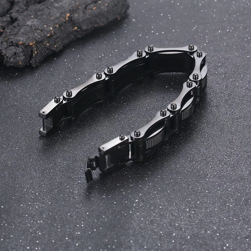 Fongten 21.5cm Biker Bicycle Motorcycle Chain Bracelet For Men Black Color Stainless Steel Wristband Bangle Bracelet Jewelry