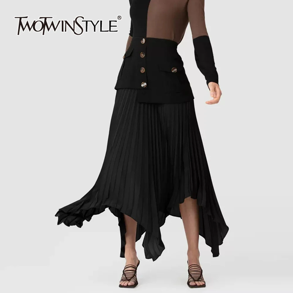 

TWOTWINSTYLE Solid Patchwork Button Loose Skirts For Women High Waist Irregular Spliced Folds Skirt Female Fashion Clothing New