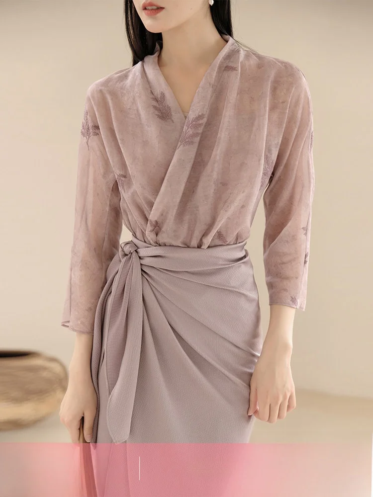 

Original Chinese Style Summer Commute Zen Dyeing Embroidery Women's Jacket And Skirt Set Fashionable Three-Piece Ensemble